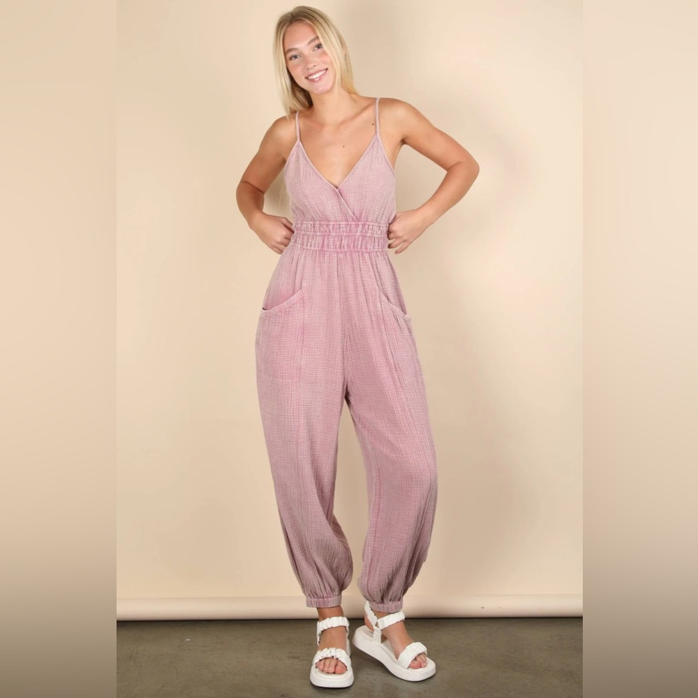 Very J Light Pink Mineral Washed Cotton Gauze Jumpsuit